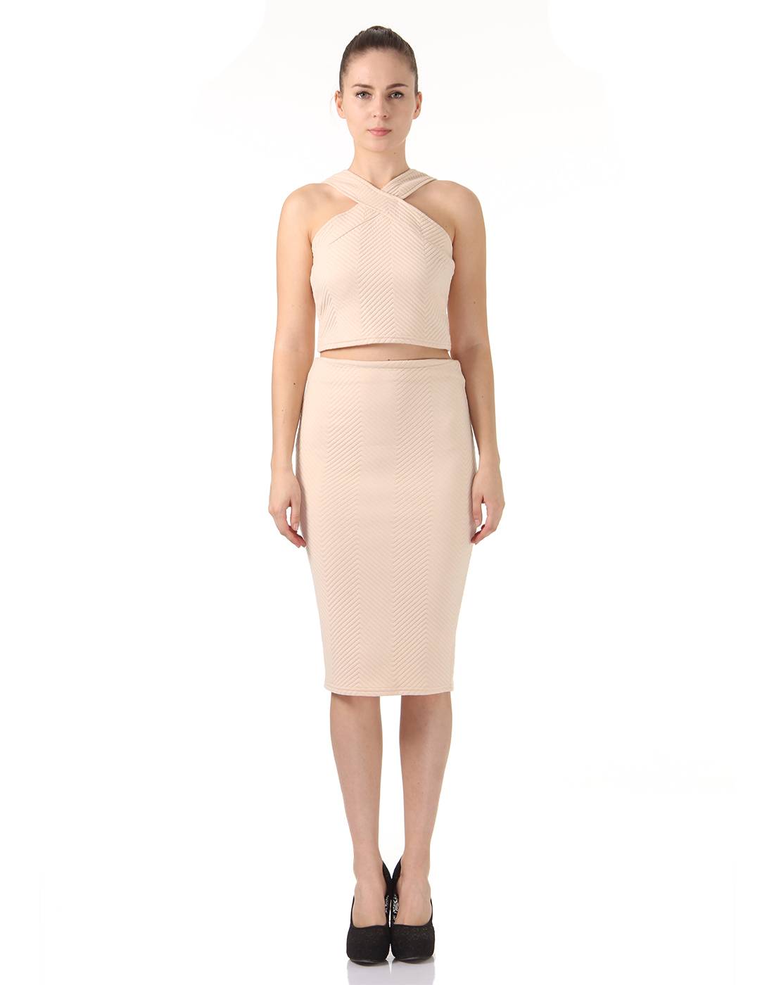 Ax Paris Women Party Beige Top and Skirt Set